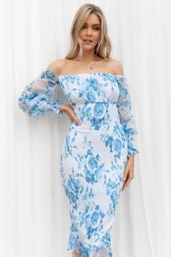 Affie Off Shoulder Midi Dress - Blue Floral
