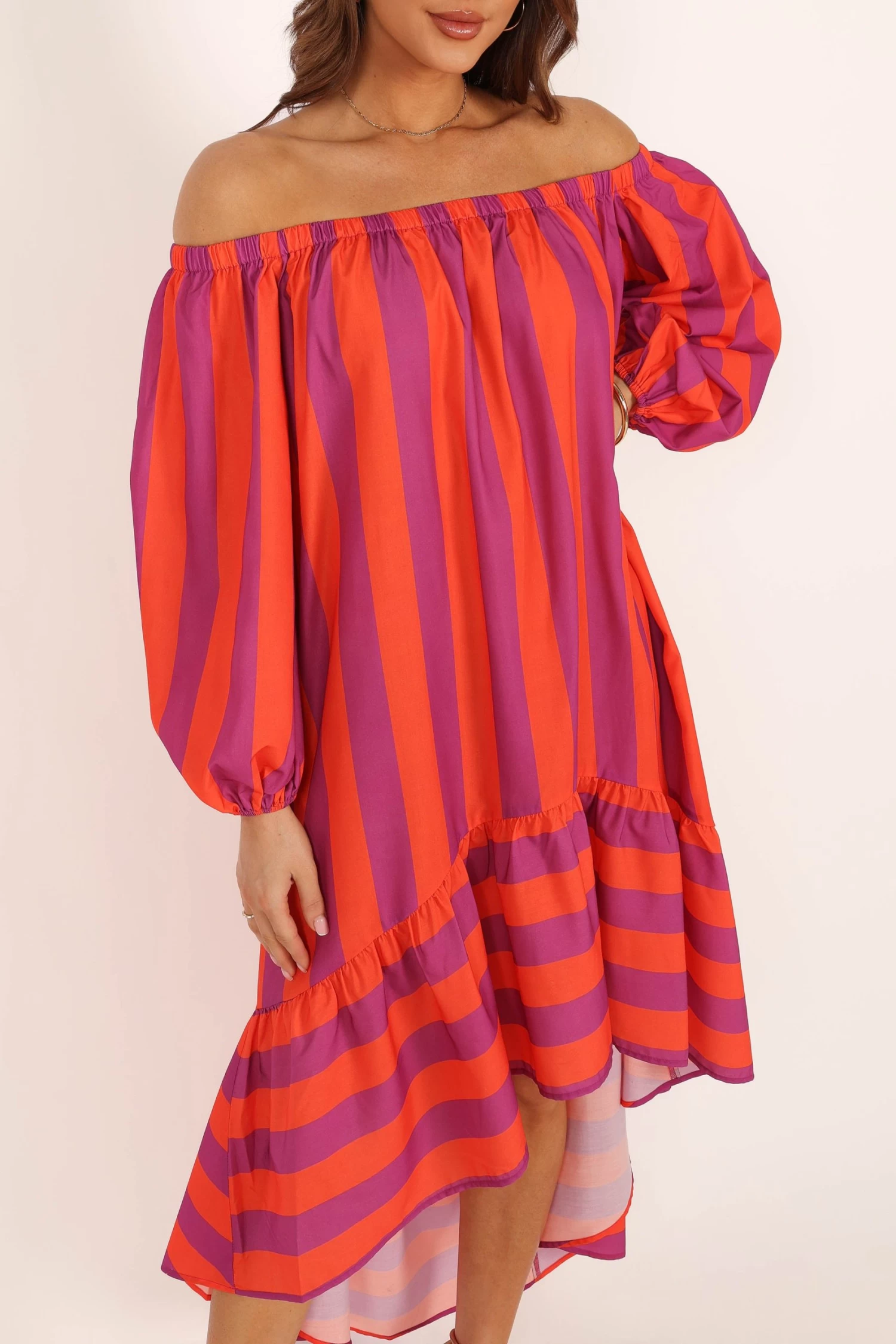 Alysa Off Shoulder Midi Dress - Coral Stripe - Image 2