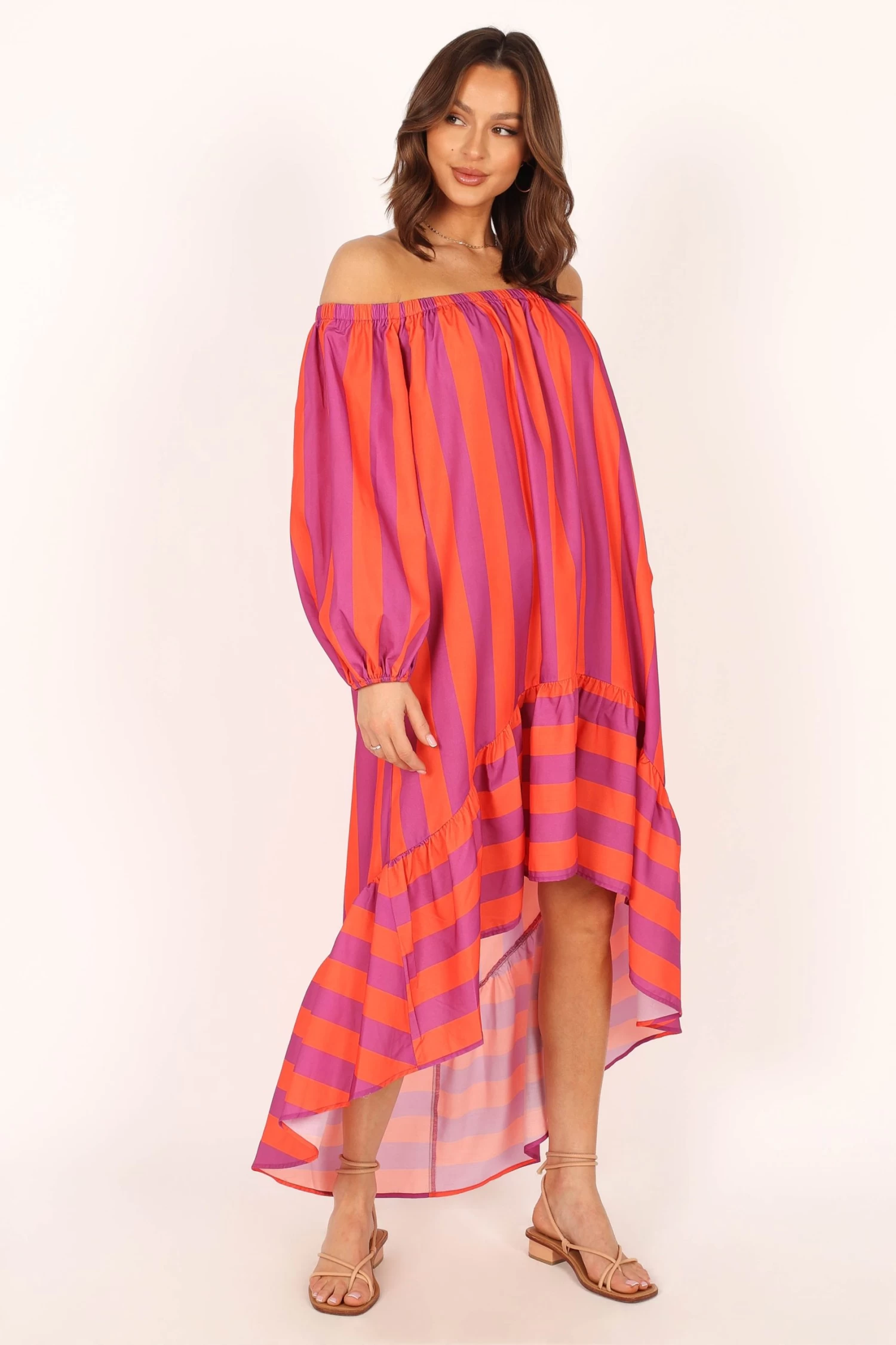 Alysa Off Shoulder Midi Dress - Coral Stripe - Image 3