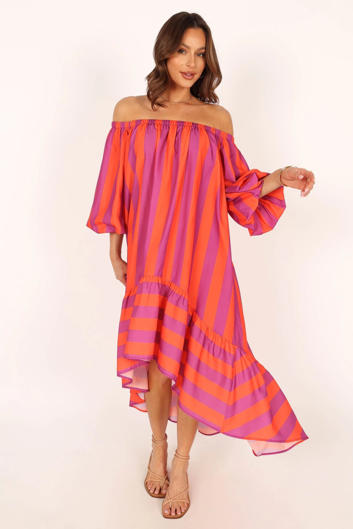 Alysa Off Shoulder Midi Dress - Coral Stripe - Image 5