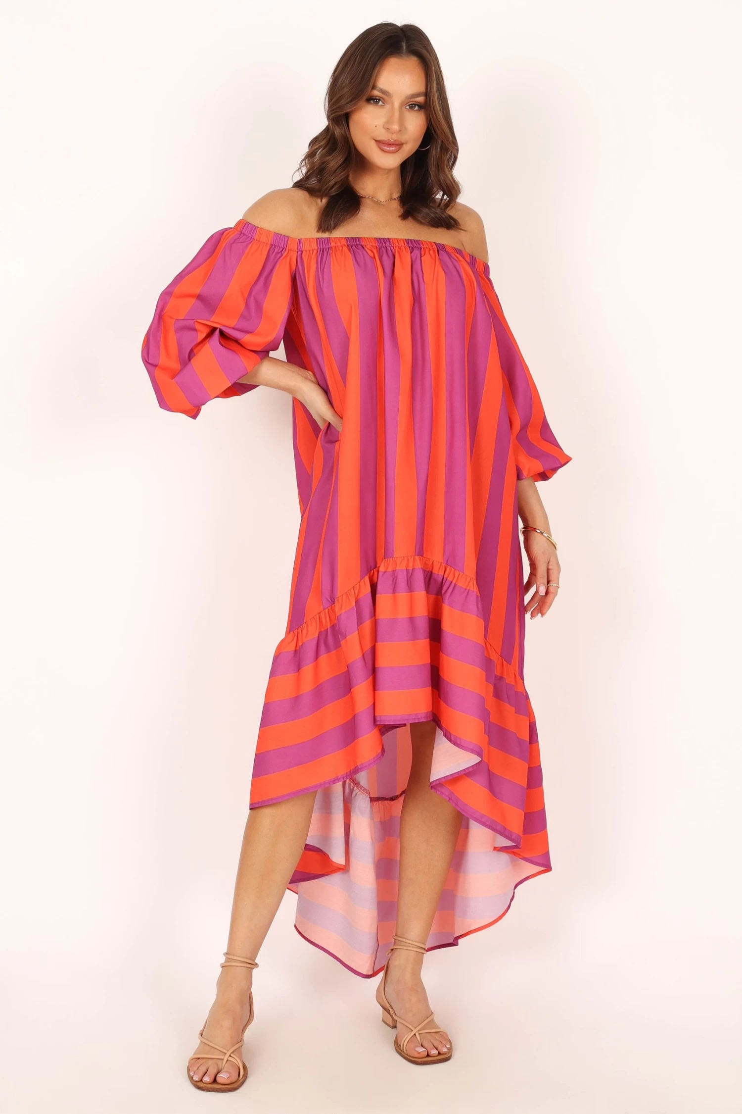 Alysa Off Shoulder Midi Dress - Coral Stripe - Image 7