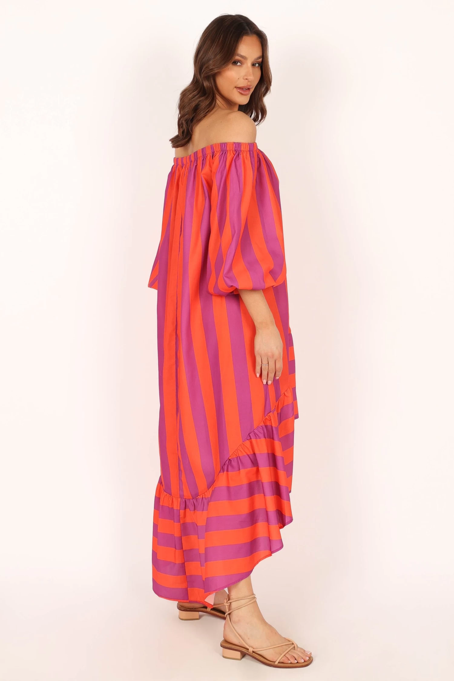 Alysa Off Shoulder Midi Dress - Coral Stripe - Image 8