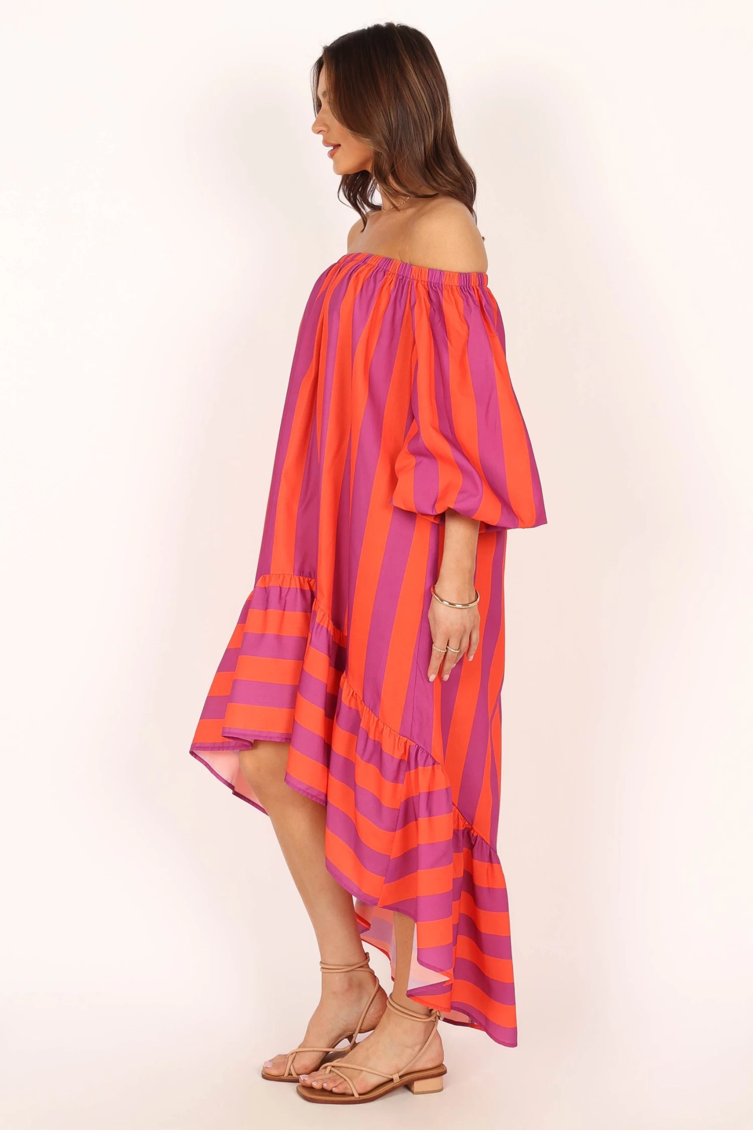 Alysa Off Shoulder Midi Dress - Coral Stripe - Image 9