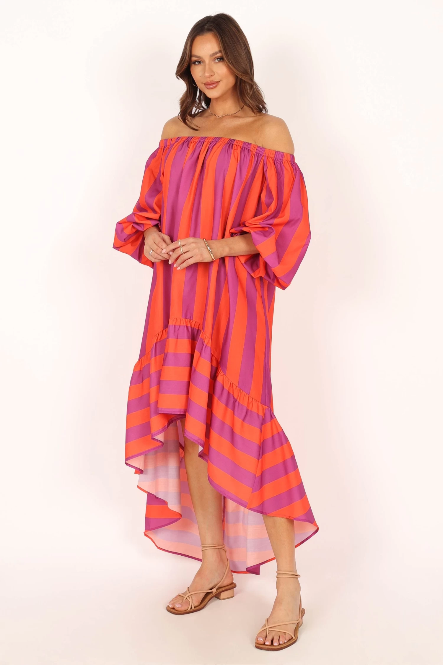 Alysa Off Shoulder Midi Dress - Coral Stripe - Image 11