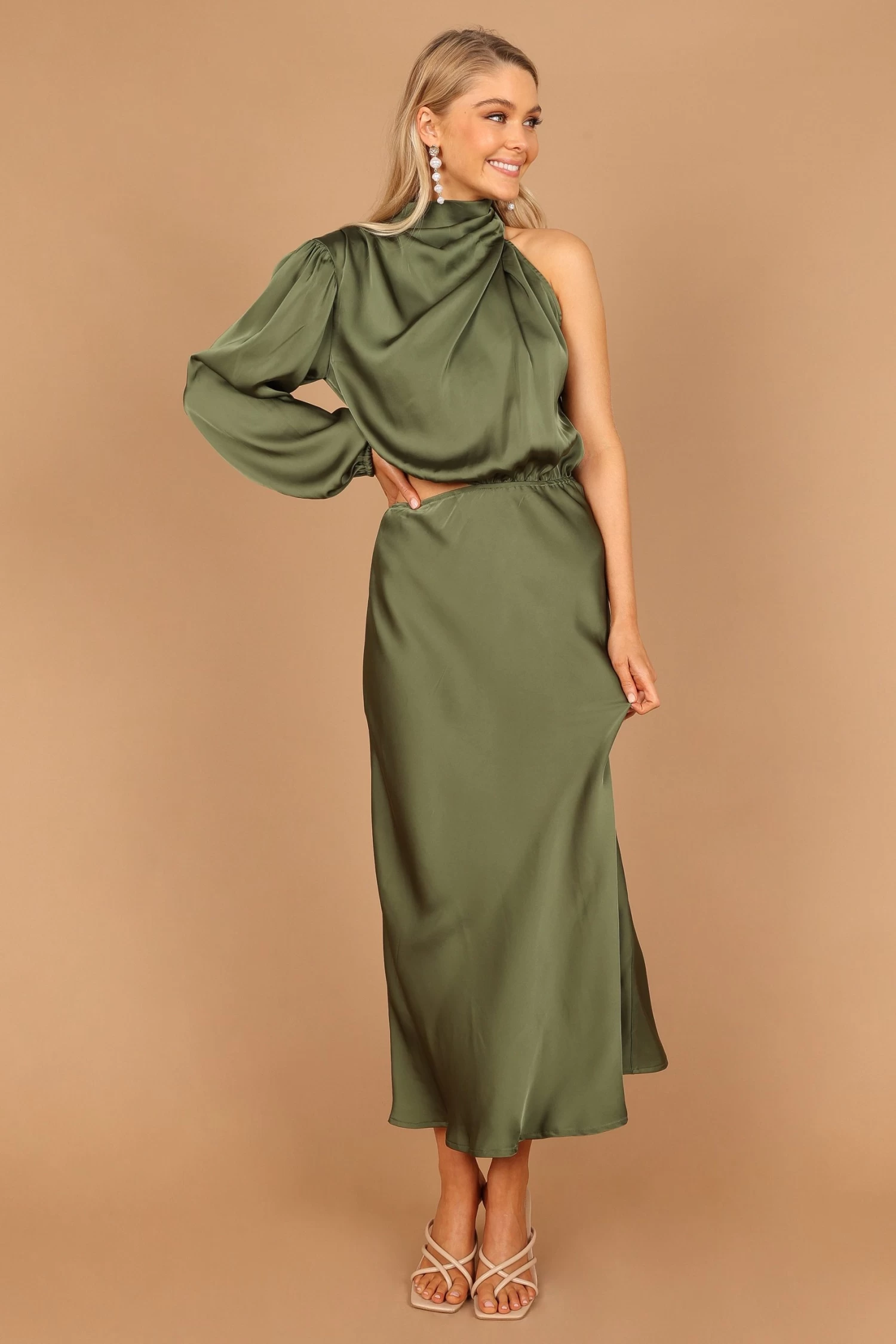 Amelie One Shoulder Midi Dress - Olive - Image 8