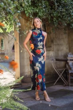 Anabelle Halter Neck Midi Dress - Navy Floral