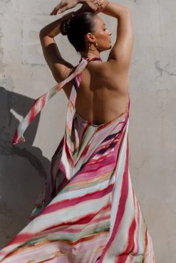 Antonijia Halterneck Maxi Dress - Berry Stripe