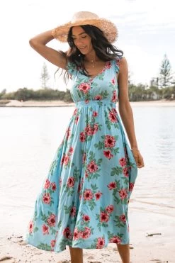 Cassatt Frill Cap Sleeve Midi Dress - Blue Floral