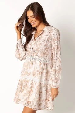 Clarice Long Sleeve Mini Dress - Tan Print