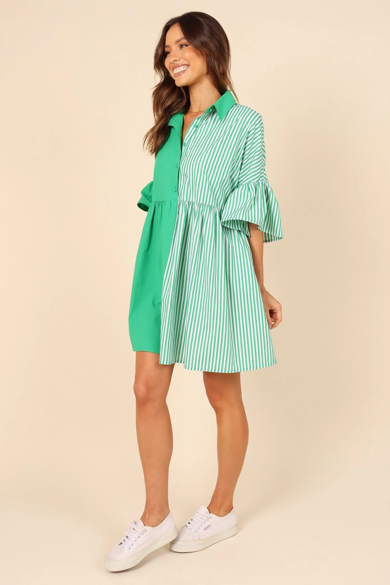 Didi Frill Mini Dress - Green Stripe - Image 2