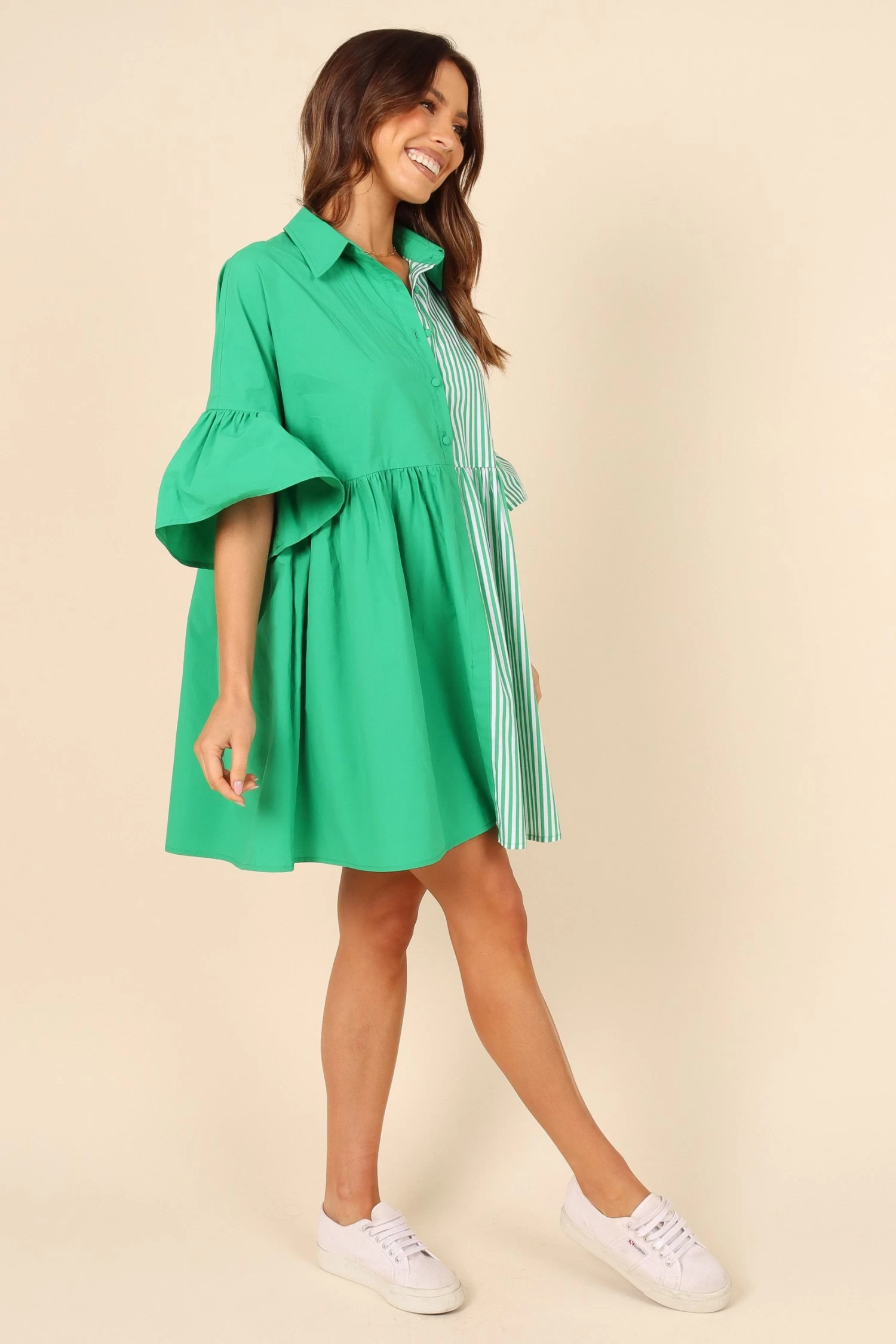 Didi Frill Mini Dress - Green Stripe - Image 4