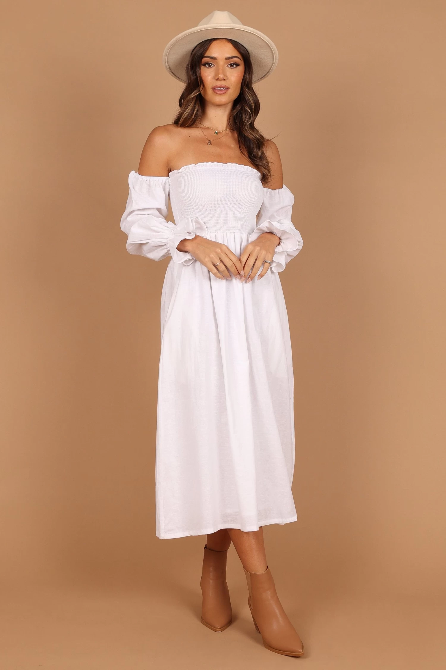 Domenica Shirred Long Sleeve Midi Dress - White - Image 10