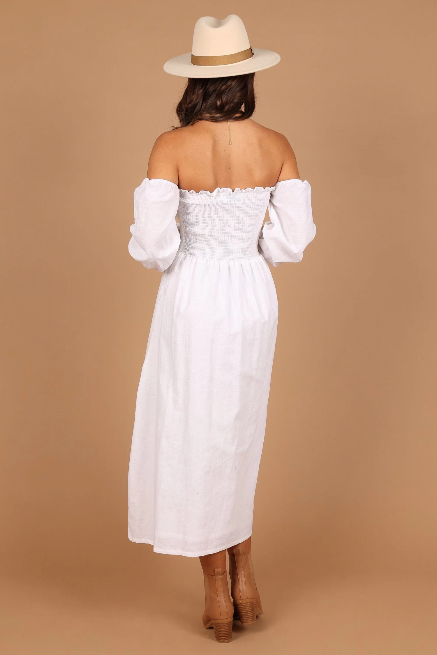 Domenica Shirred Long Sleeve Midi Dress - White - Image 8