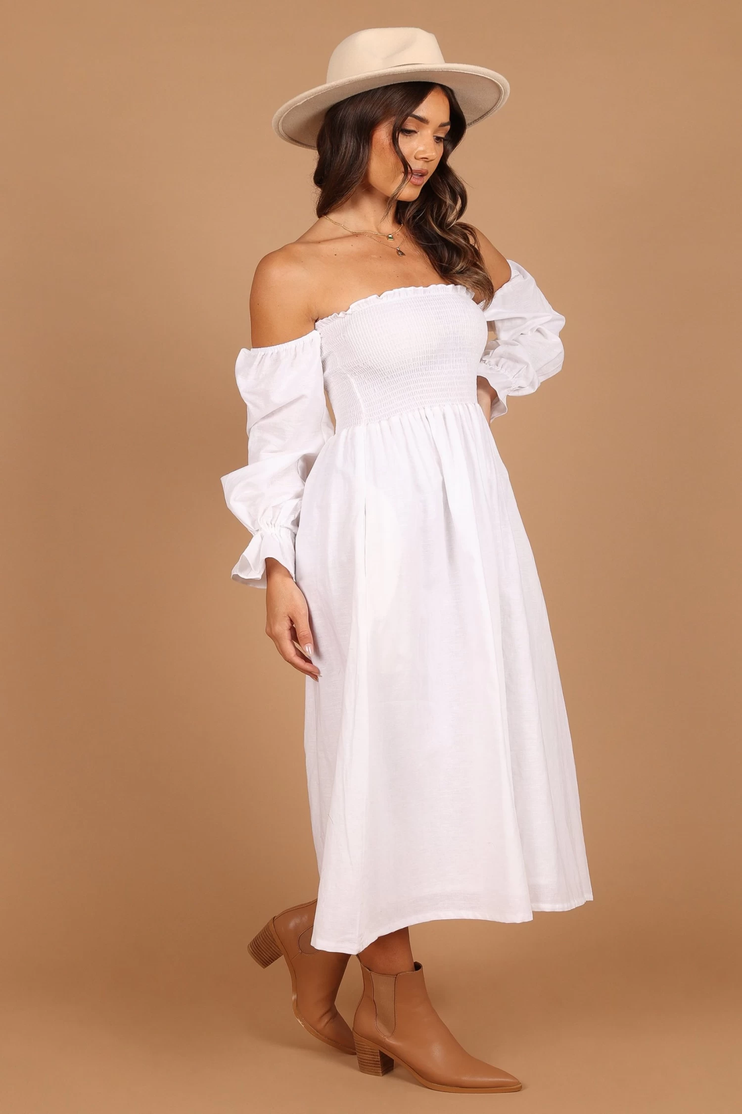 Domenica Shirred Long Sleeve Midi Dress - White - Image 9
