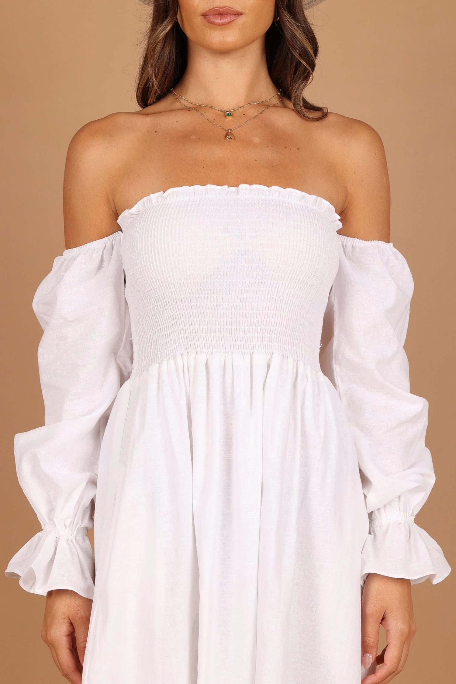 Domenica Shirred Long Sleeve Midi Dress - White - Image 6