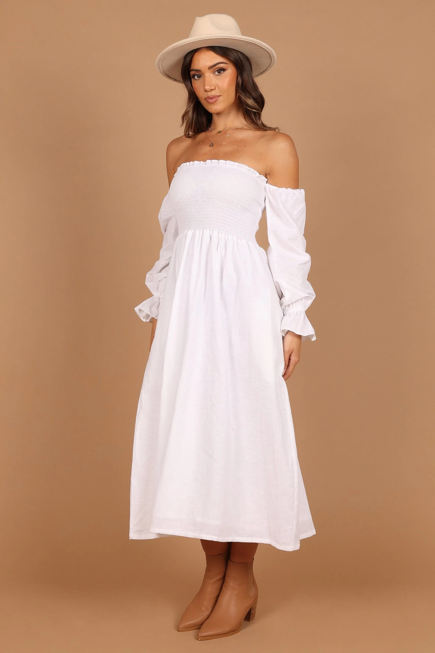 Domenica Shirred Long Sleeve Midi Dress - White - Image 7