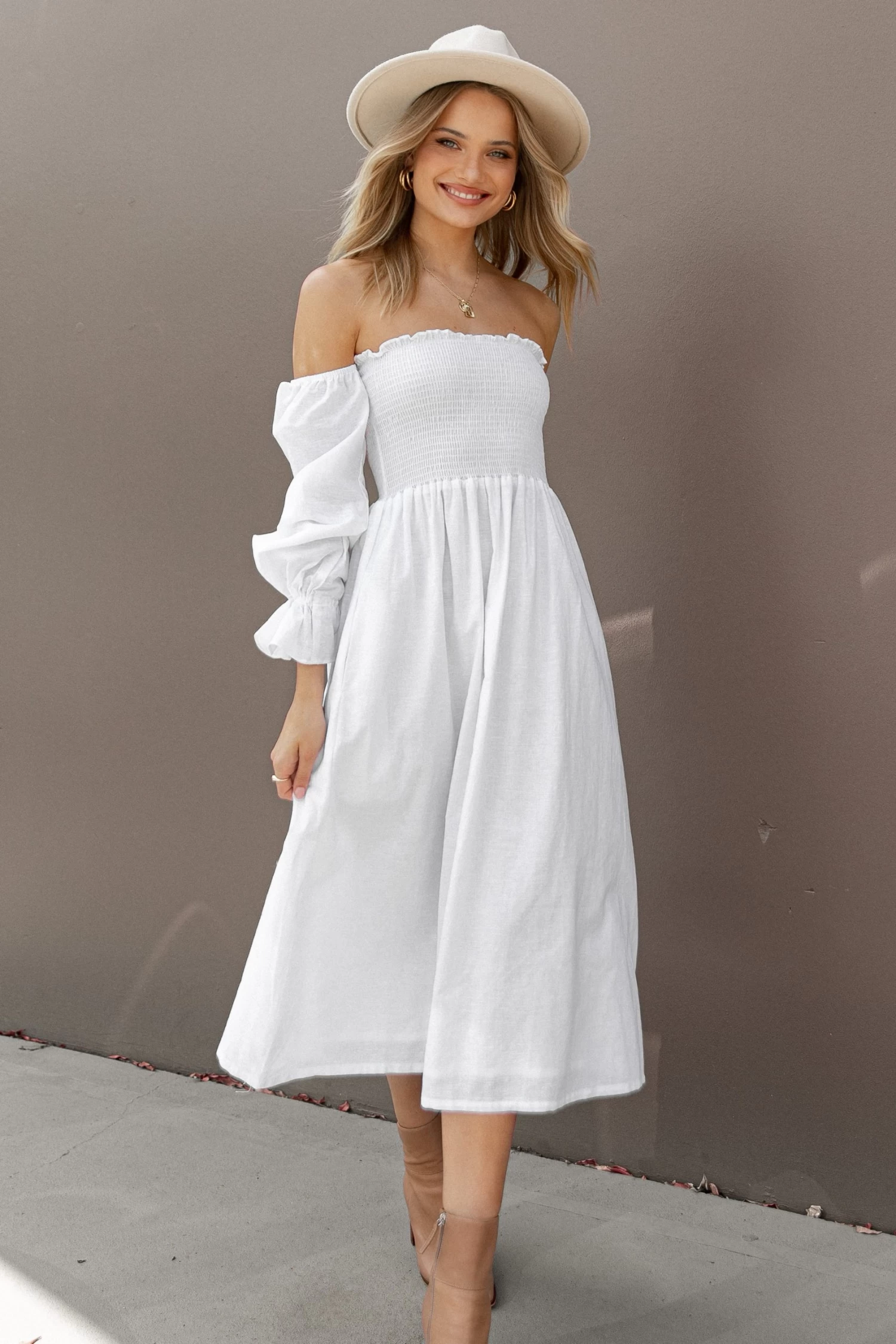 Domenica Shirred Long Sleeve Midi Dress - White - Image 3