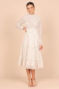 Edwina Shirred Frill Long Sleeve Midi Dress - Cream Floral