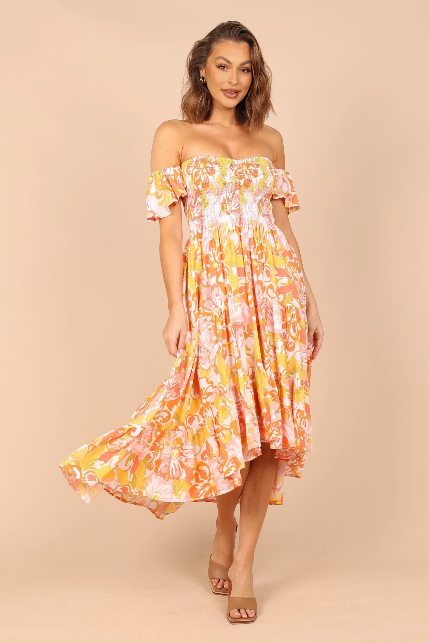Feliz Off Shoulder Maxi Dress - Coral Floral