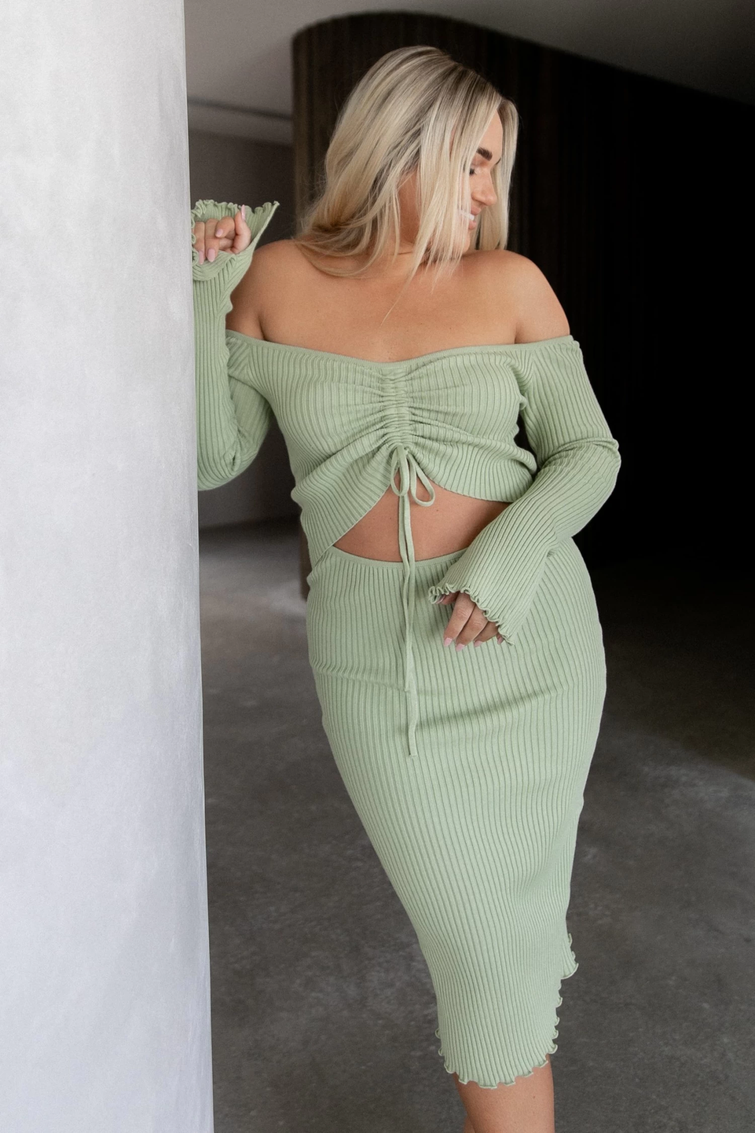 Geneva Off Shoulder Midi Dress - Sage - Image 7