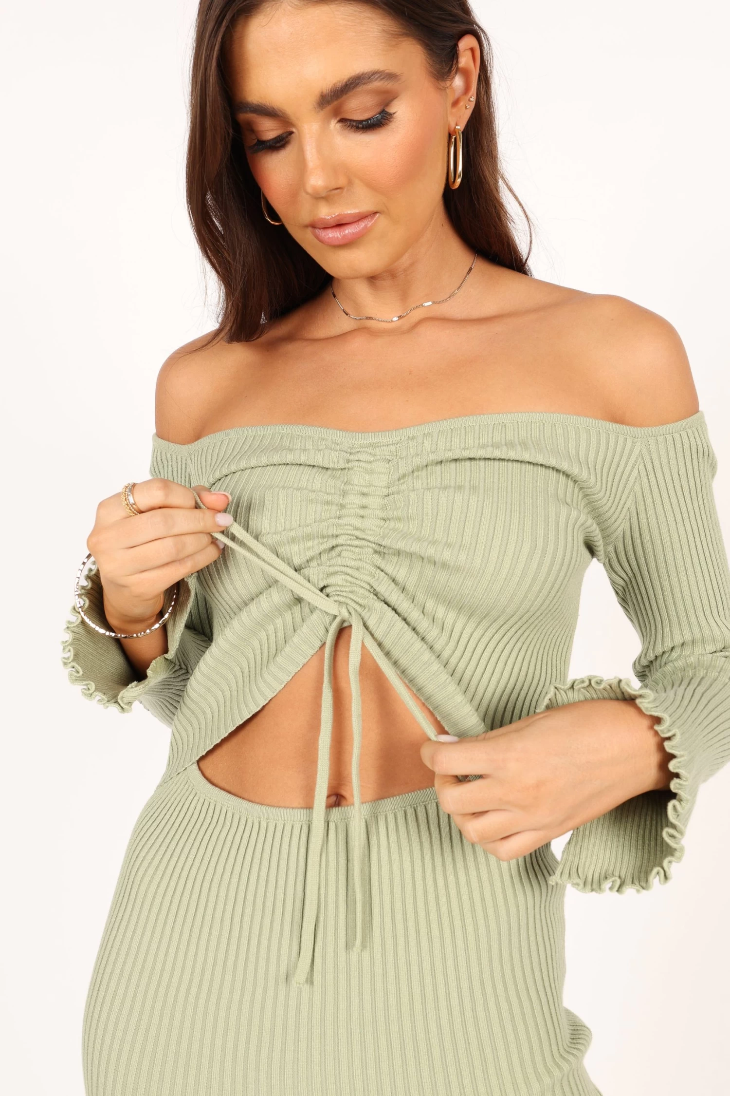 Geneva Off Shoulder Midi Dress - Sage - Image 2