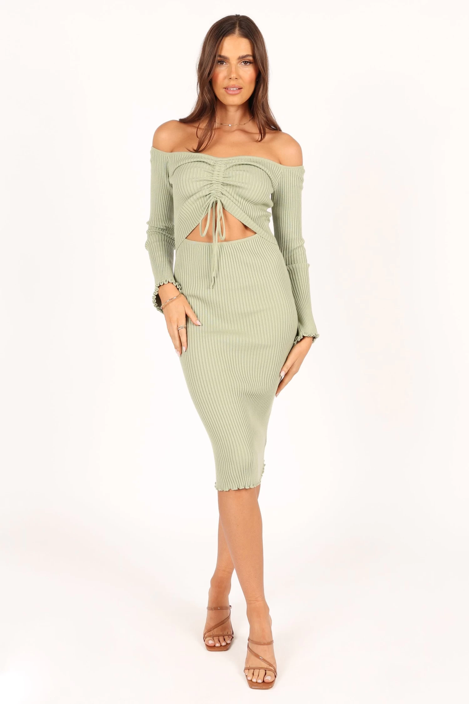 Geneva Off Shoulder Midi Dress - Sage - Image 12