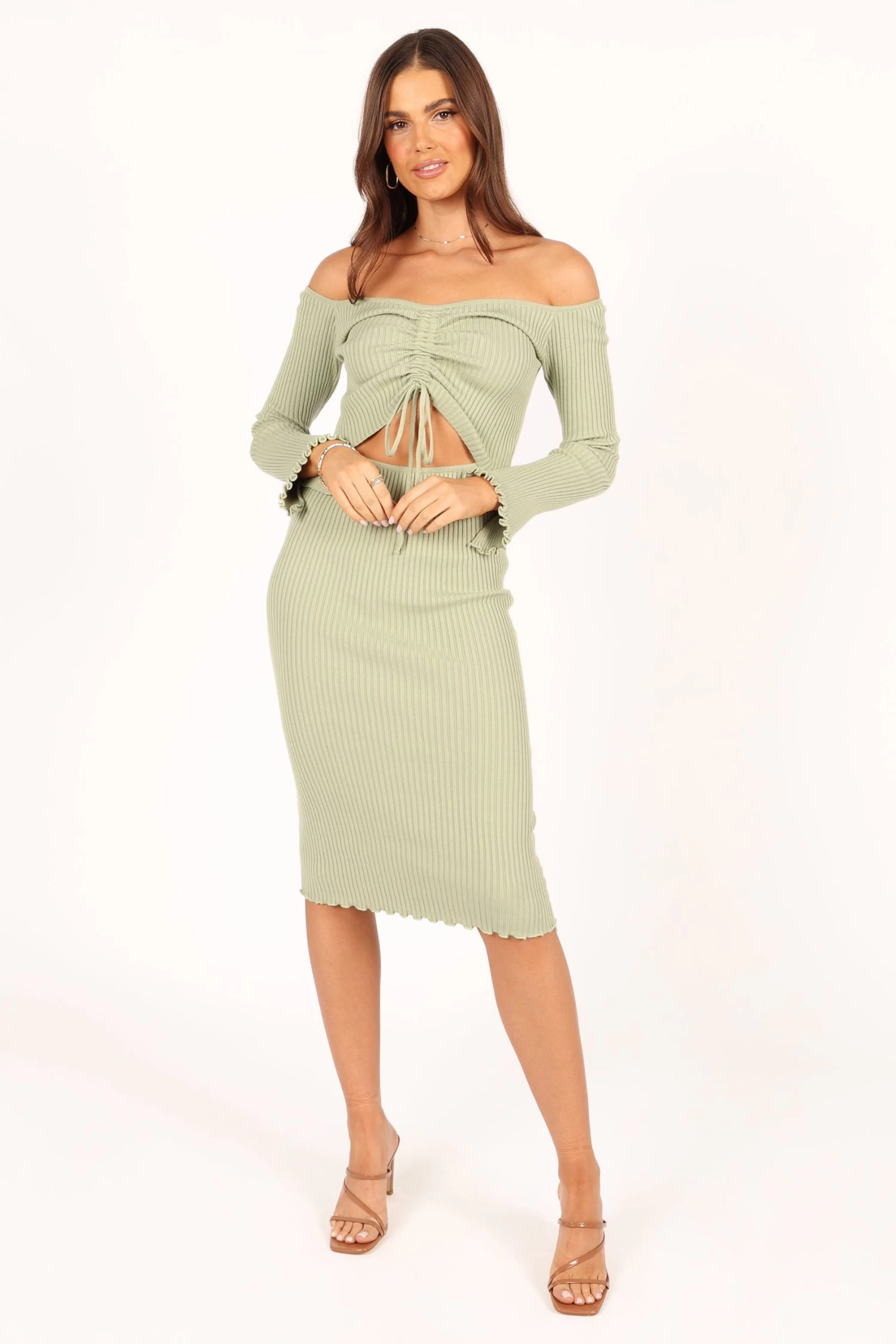 Geneva Off Shoulder Midi Dress - Sage - Image 5