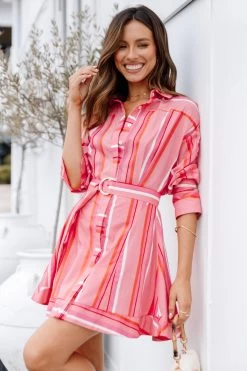 Julia Belted Mini Dress - Pink Stripe