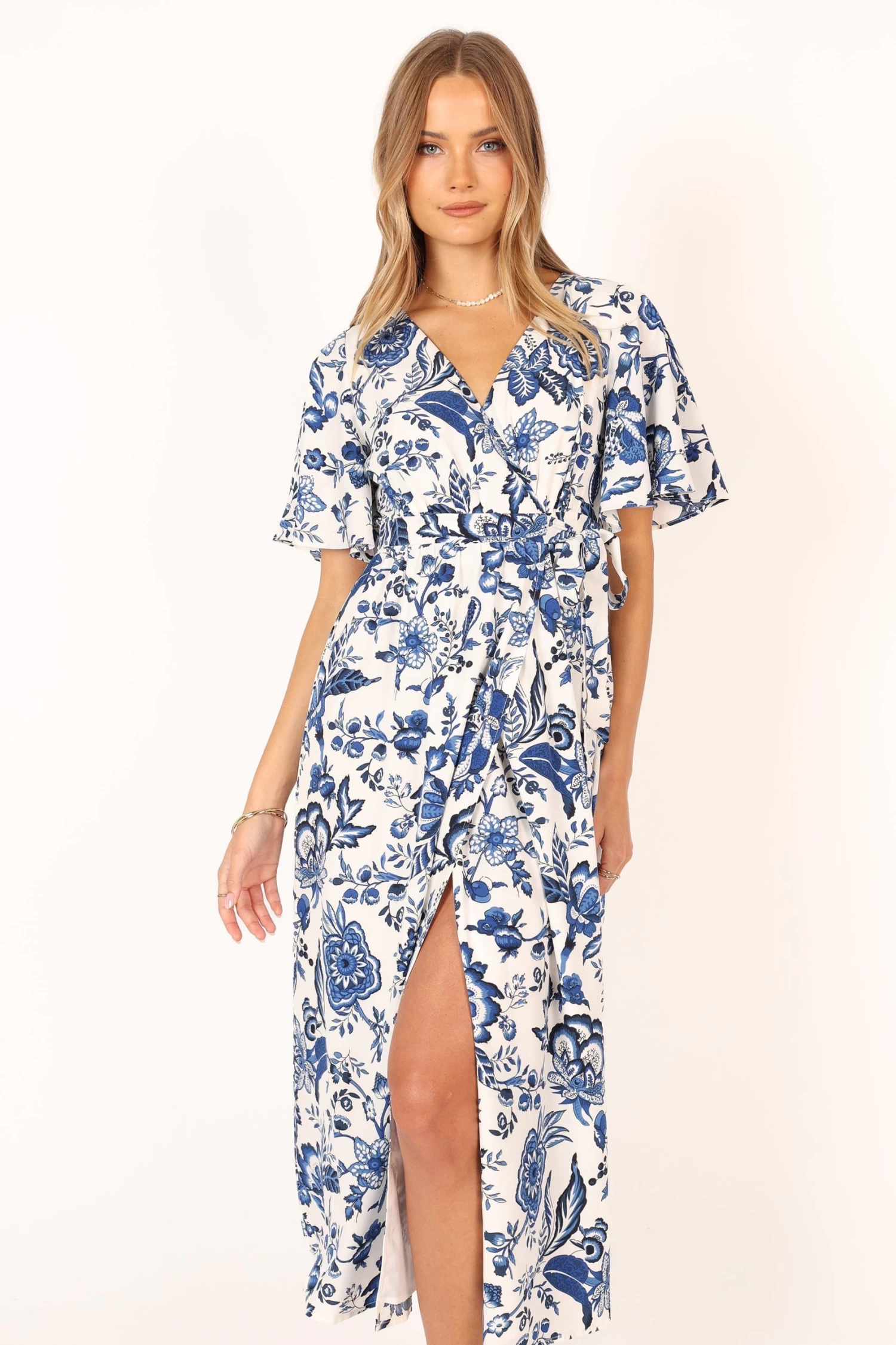 Kaleen Midi Wrap Dress - White Blue - Image 2