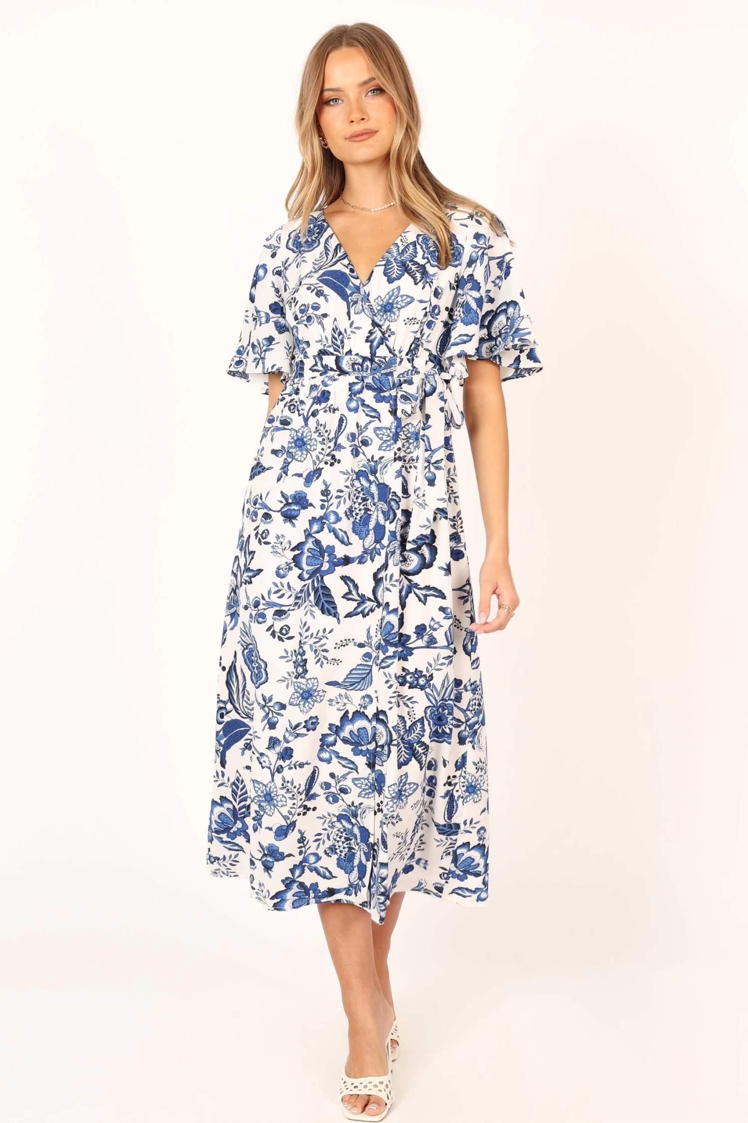 Kaleen Midi Wrap Dress - White Blue - Image 4
