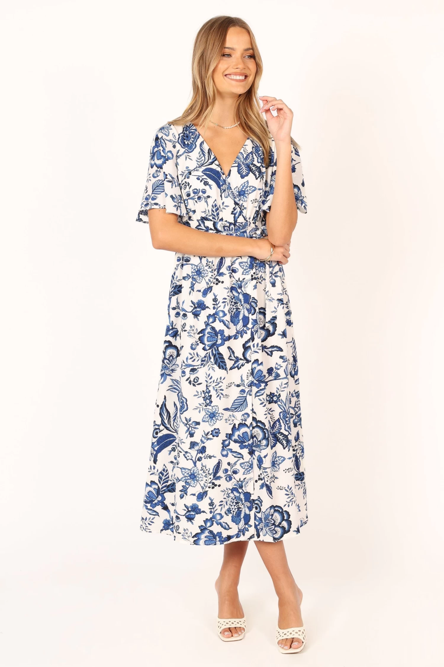 Kaleen Midi Wrap Dress - White Blue - Image 5