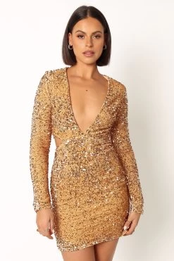Kelly Long Sleeve Sequin Mini Dress - Gold