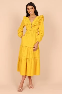Mariga Long Sleeve Frill Shoulder Midi Dress - Marigold
