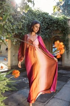 Maya Long Sleeve Pleated Maxi Dress - Multi