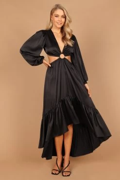 Minnow Satin Ruffle Tier O-Ring Cut Out Maxi Dress - Black