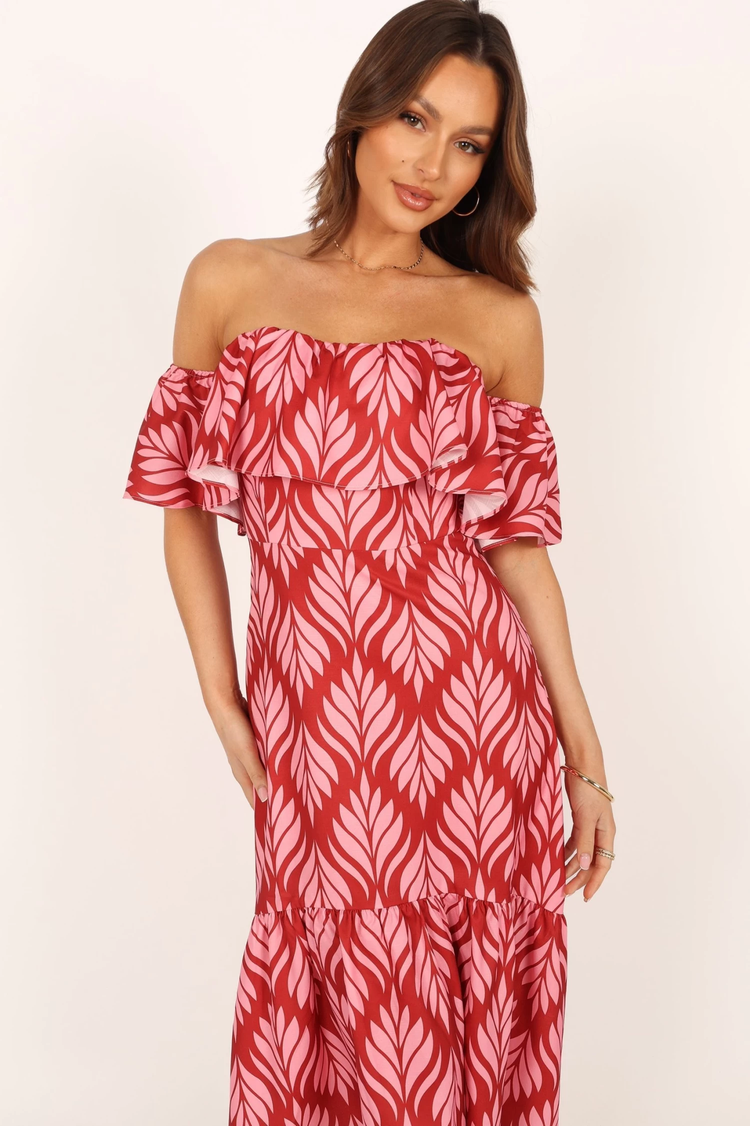 Neoma Strapless Midi Dress - Red Palm Print - Image 2