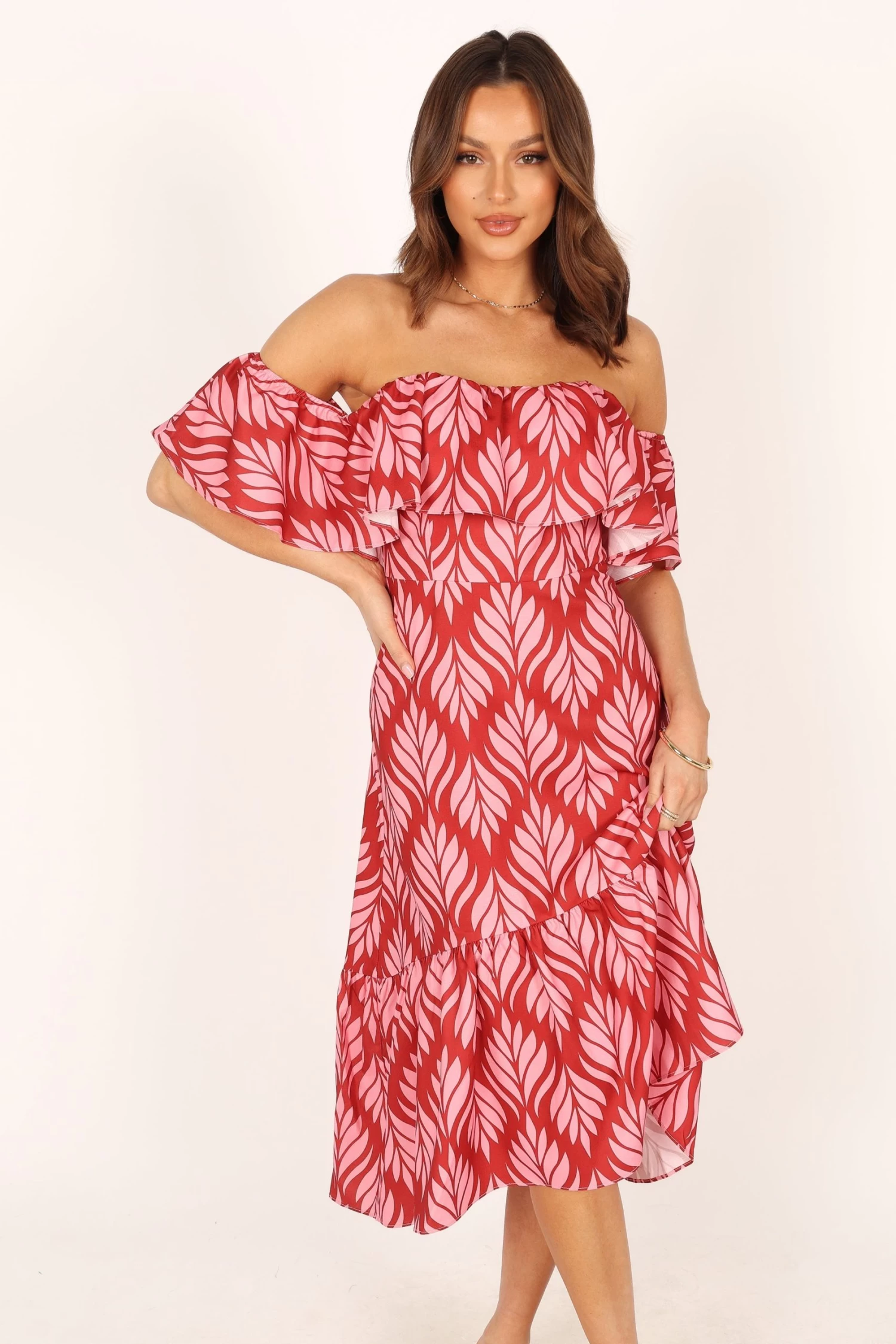 Neoma Strapless Midi Dress - Red Palm Print - Image 10