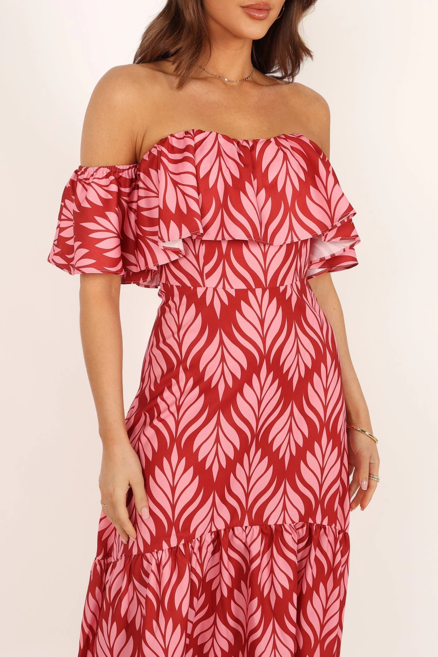 Neoma Strapless Midi Dress - Red Palm Print - Image 11
