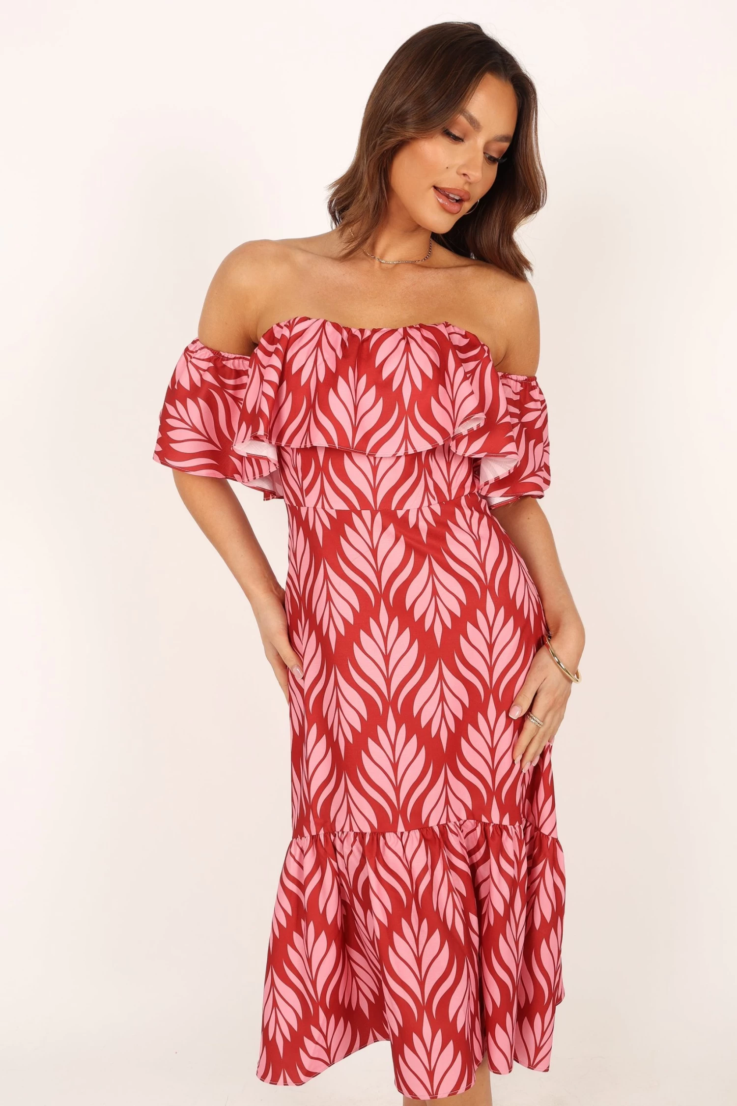 Neoma Strapless Midi Dress - Red Palm Print - Image 12