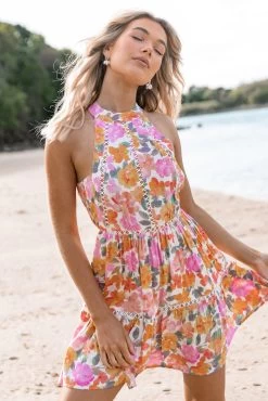 Raffael High Neck Mini Dress - Pink Floral
