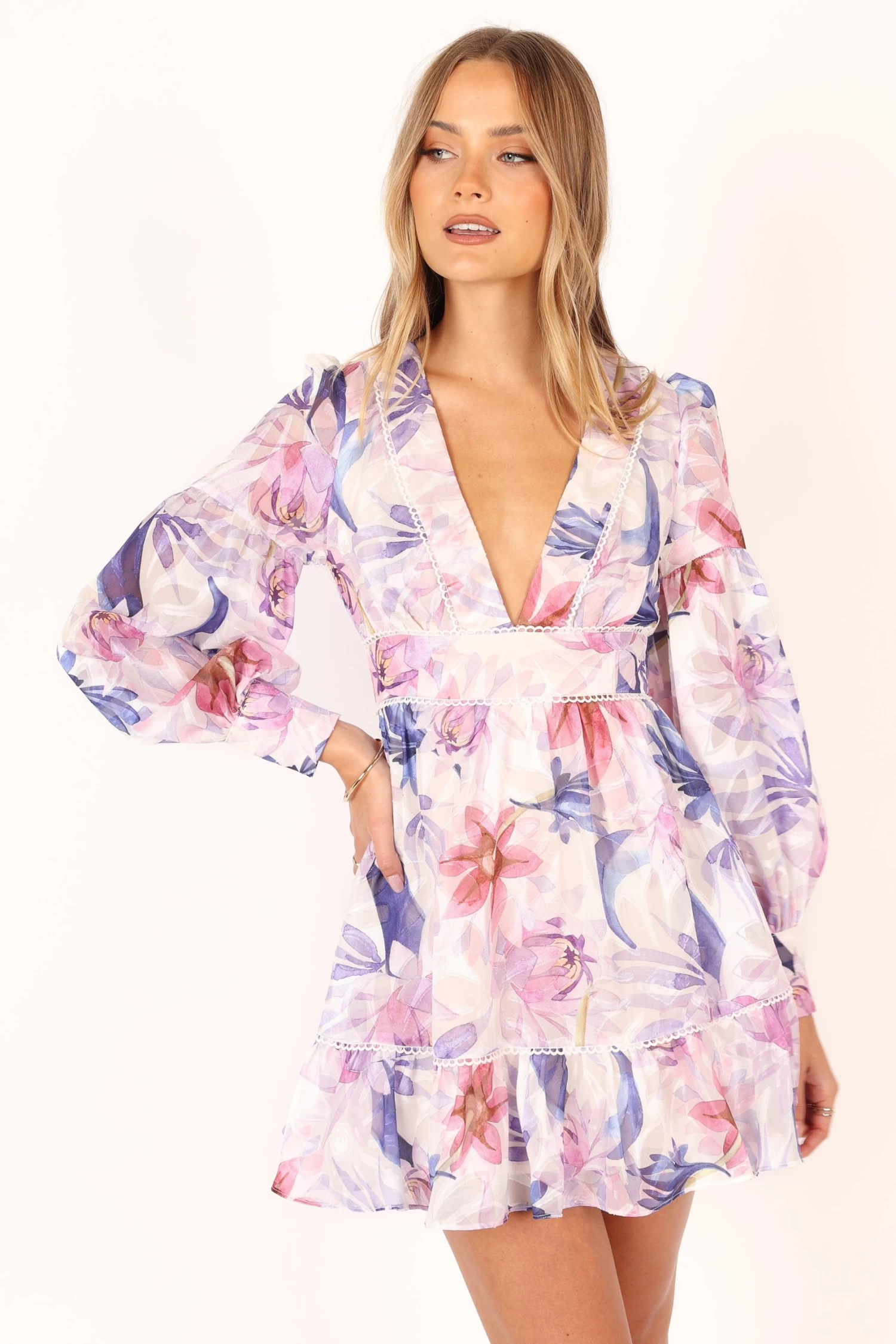 Rume Long Sleeve Mini Dress - Purple Floral - Image 5
