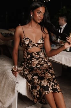 SAGA CUT OUT MIDI DRESS - BLACK FLORAL