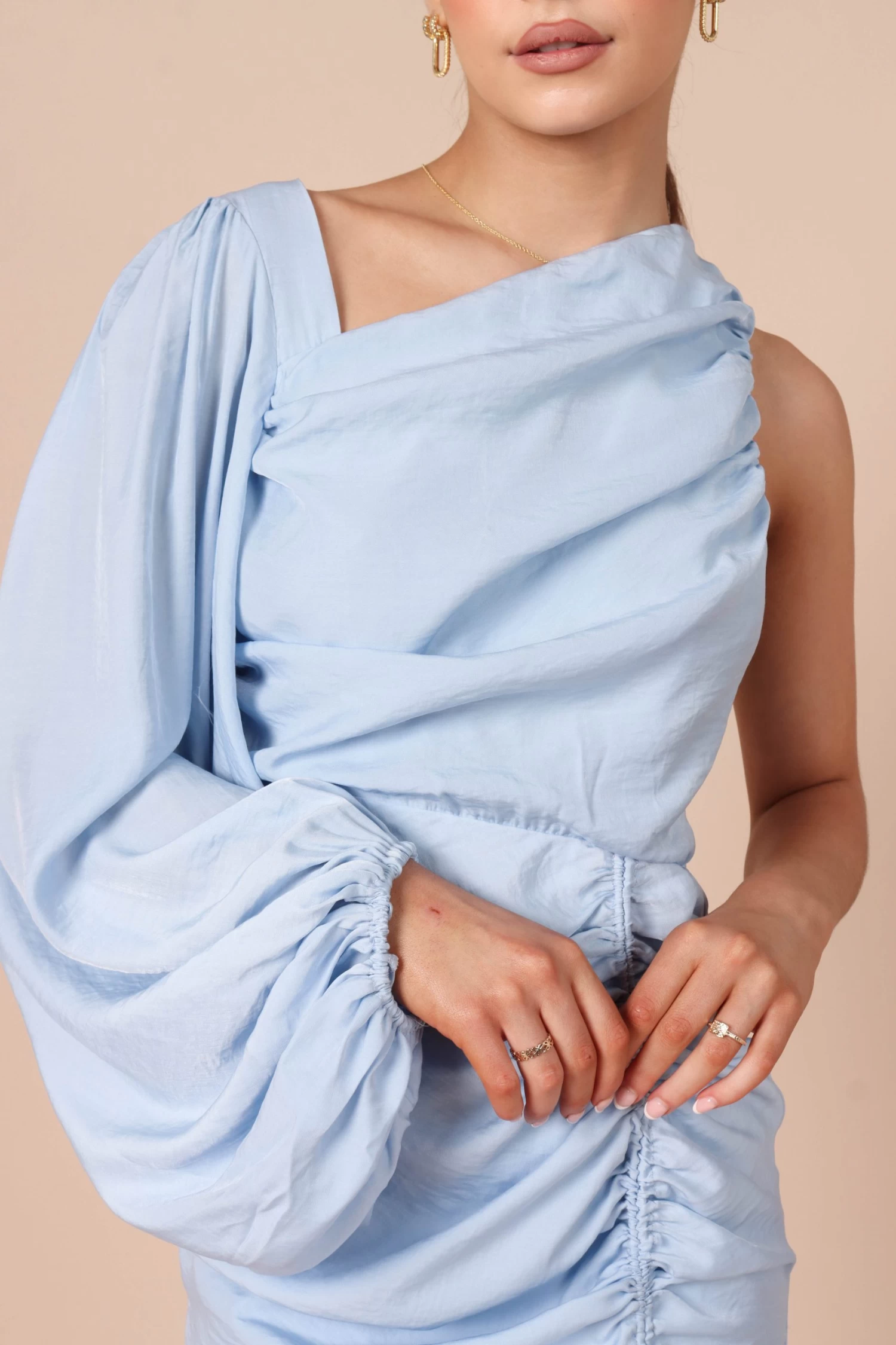 Toira One Shoulder Gathered Mini Dress - Blue - Image 2