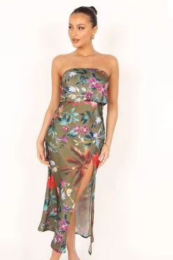 Vienna Strapless Midi Dress - Green Tropical