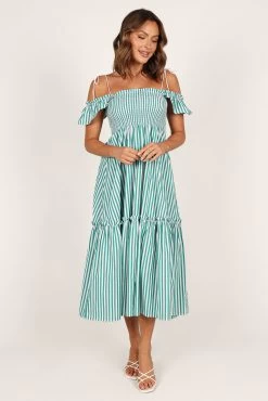 Yasminie Shirred Midi Dress - Green Stripe