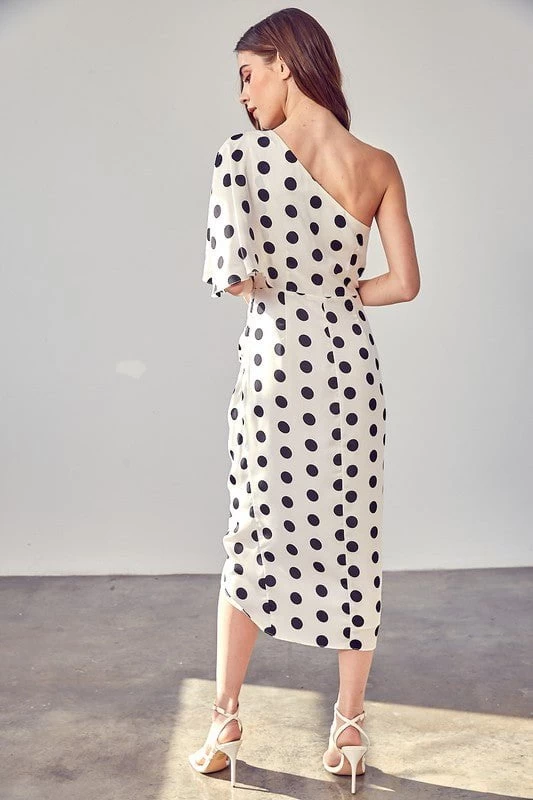 Daisy One Shoulder Midi Dress - Black Polka Dot - Image 5