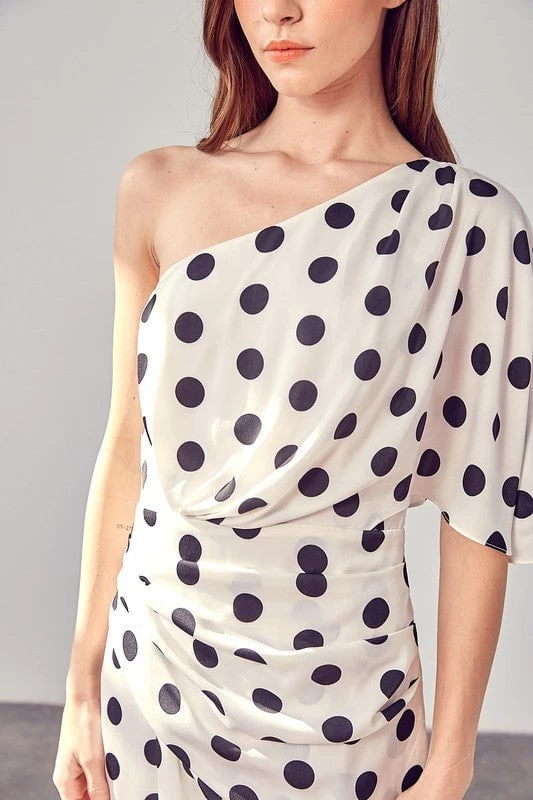 Daisy One Shoulder Midi Dress - Black Polka Dot - Image 6